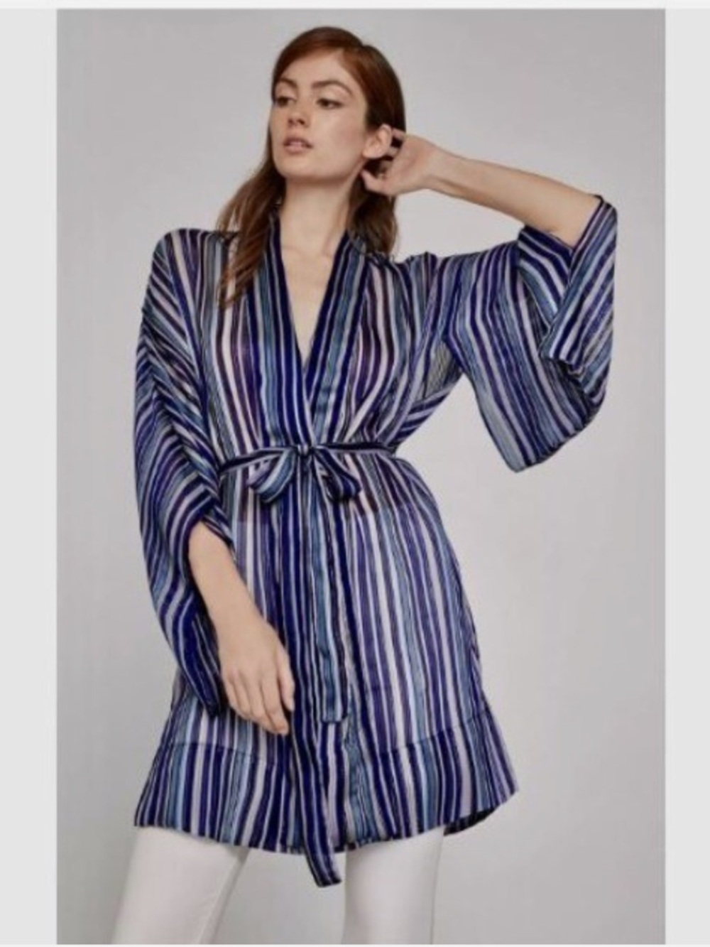 BCBGMaxAzria Navy and Blue Striped Kimono Robe with Belt